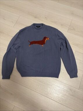 Crewneck Sweater with Dachshund Intarsia in Slate Blue
